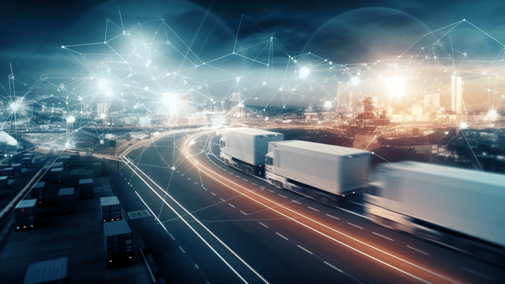 Camiones de transporte en carretera con conexiones de red digital iluminadas, simbolizando logística avanzada.